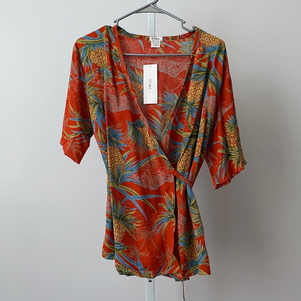 Lilac Tropical Beachy Boho Pineapple Print Wrap Top Medium Orange